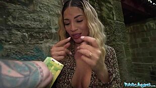 public agent babe kneels worshipping his big cock outdoors for cash. she moans craving more.