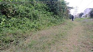 punk redhead slut flashes bare pussy no panties in public park