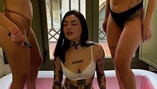 lesbian brunettes squirt dildo masturbation threesome faces