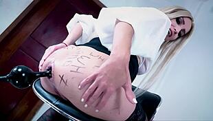 two anal enthusiasts compete on one chair with fisting dildos and huge toys