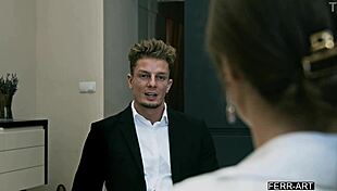 lesbian accountant tries first cock suck then spoons tight shaved pussy at work