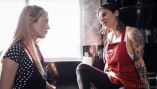 geek girl sneaks lesbian fun with roomies petite girlfriend in kitchen