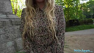 public agent babe kneels worshipping his big cock outdoors for cash. she moans craving more.