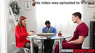 Santa step grandpa bangs teen step granddaughter's shaved pussy at christmas