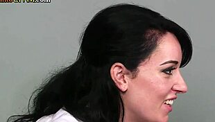 cfnm british dominas humiliate tattooed sub with handjobs in kinky office threesome