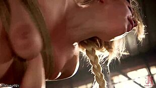 😈 Blonde gagging on monster cock deepthroat while bound and shaved pussy gets pounded hard BDSM style!!