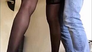 amoul fucks satin-clad white woman bent over desk panties down high heels doggystyle