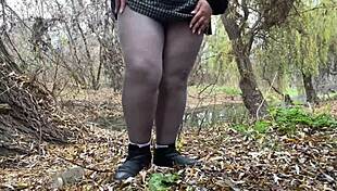 mother-in-law squats outdoors to pee in pantyhose