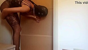 intense thrill sucking gloryhole cock in catsuit heels
