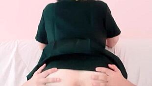 Asian student skirt lifts rides juicy puffy pussy cowgirl creampie on bed