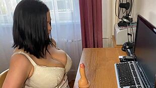 Tits job with my huge dildo right in the home office?