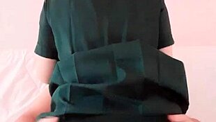 Asian student skirt lifts rides juicy puffy pussy cowgirl creampie on bed