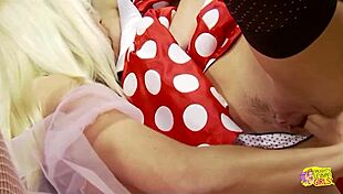 Brunette in costume sucks swollen clit during hot 69 fingering dildo play to intense orgasm