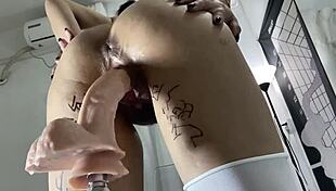 Mei Screams! Dildo Machine Drills Asian Pussy to Gushing Orgasms