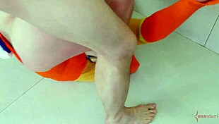 bound teen cosplay slut endures piledriver anal while golden piss domination soaks her fetish costume