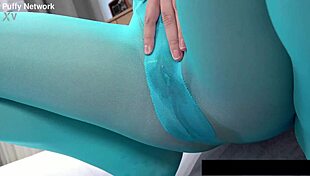 innocent puffy pussy lips spread wide by dildo masturbation wet tits solo