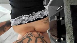 busty maid sneaks panty-free around house begging for rough doggystyle cum on her natural tits!