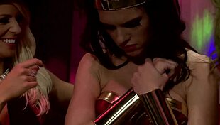 big boob lesbians fuck with strap-on in lingerie threesome