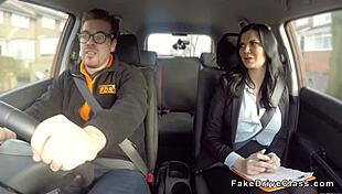 Pierced British milf examiner gets her cunt pounded in car by student