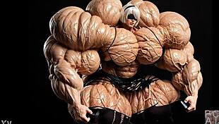 2b's muscular giantess growth pumps huge factory in ai animation