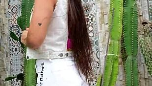 petite brunette rips white jeans flashing pussy for neighbors outdoors