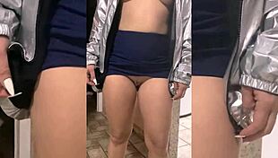 showing off tiny tits and bare pussy in public miniskirt?