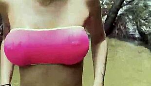 monika fox pink top yellow shorts strips jungle waterfalls nude