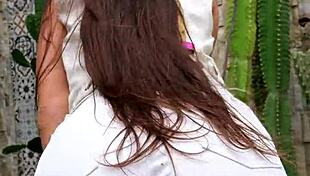 petite brunette rips white jeans flashing pussy for neighbors outdoors