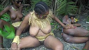 three african beauties lick each other's wet pussies outdoors