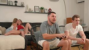 Arisha Mills and Marimoore orgasm hard on bed while boys play playstation ignoring ripped clothes tease