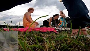 Redhead flashes no panties pussy in short dress miniskirt outdoor try-on