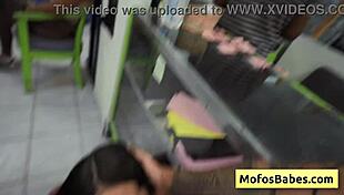 Sneaky teen brunette slurps wet cock in public laundry spin cycle