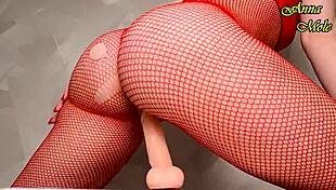 fitness milf in red fishnets savors long dildo cock ride bliss