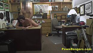 Customer spreads legs on desk takes massive cock deep in hairy milf pussy for cash