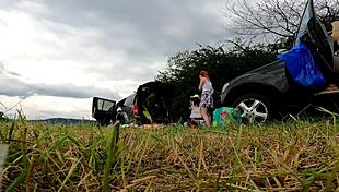 Redhead flashes no panties pussy in short dress miniskirt outdoor try-on