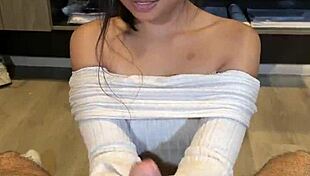 petite asian teen 18+ sucks cock close-up swallows huge cum load