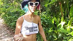 Topless Thong Clad Hairy Latina Babe Jogging Flashing Pussy in Forest