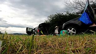 Redhead flashes no panties pussy in short dress miniskirt outdoor try-on