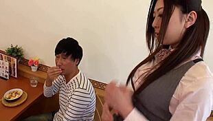 naughty japanese waitress sneaks footjob and blowjob under table to diner customers