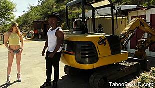 Black stepdad bends over young ebony beauty for outdoor playtime