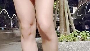 Taiwanese crossdresser flashes outdoors in flats cums on legs