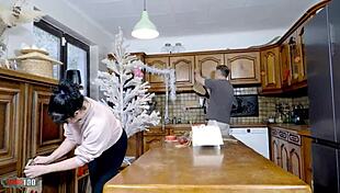 emmita's huge tits bounce wild during xmas kitchen fuck ending in terry's rough anal