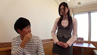 naughty japanese waitress sneaks footjob and blowjob under table to diner customers