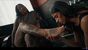 that tattooed bbw connie perignon turns big tits latina penny park into her obedient foot slave for rough lesbian domination