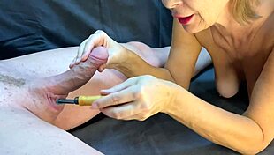 watch this domina tease that huge cock handjob style until massive cum spurts cover everything