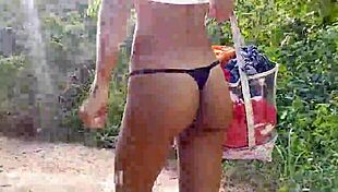 Topless Thong Clad Hairy Latina Babe Jogging Flashing Pussy in Forest