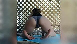 curvy pierced milf slut rams fat dildo deep in shaved pussy outdoors for voyeur orgasm