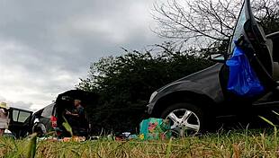Redhead flashes no panties pussy in short dress miniskirt outdoor try-on