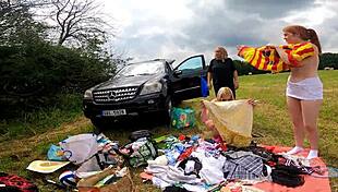 Redhead flashes no panties pussy in short dress miniskirt outdoor try-on