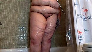 big fat white bbw milf showers huge pussy lips bubble butt flashes tits